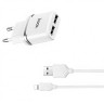 Блок питания сетевой 2 USB HOCO, C12, 2400mA, пластик, кабель 8 pin, цвет: белый