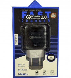 Блок питания сетевой 1 USB Fast Charger, 3000mA, пластик, QC3.0, цвет: чёрный с белым