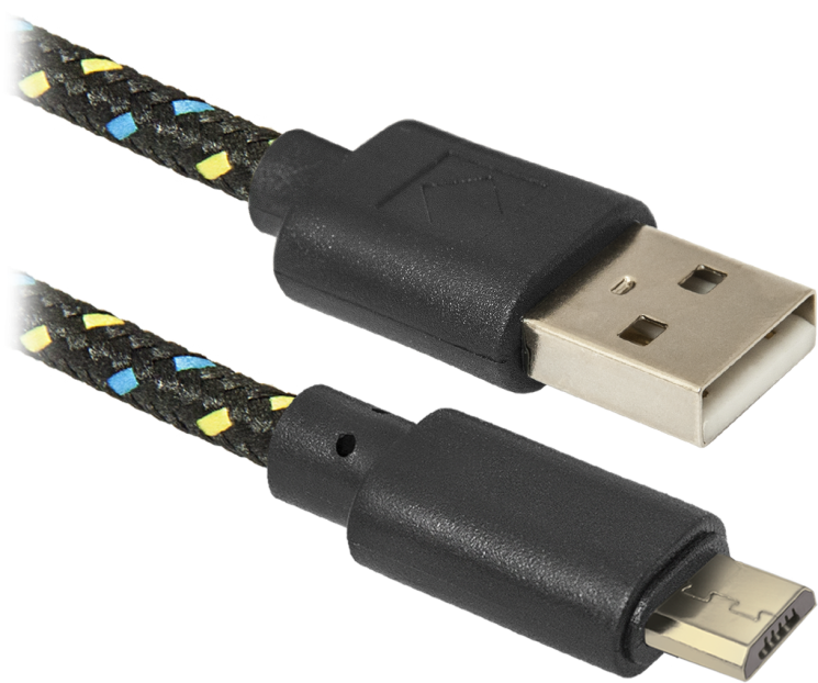 Кабель USB - микро USB Defender USB08-03T, 1.0м, круглый, 2.1A, ткань, в переплёте, цвет: чёрный