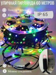Гирлянда уличная, Длина 60 метров, 600 LED ламп, провод каучук, цвет свечения Мульти, каждый 10й огонёк мерцает белым светом (KS-60-mult)