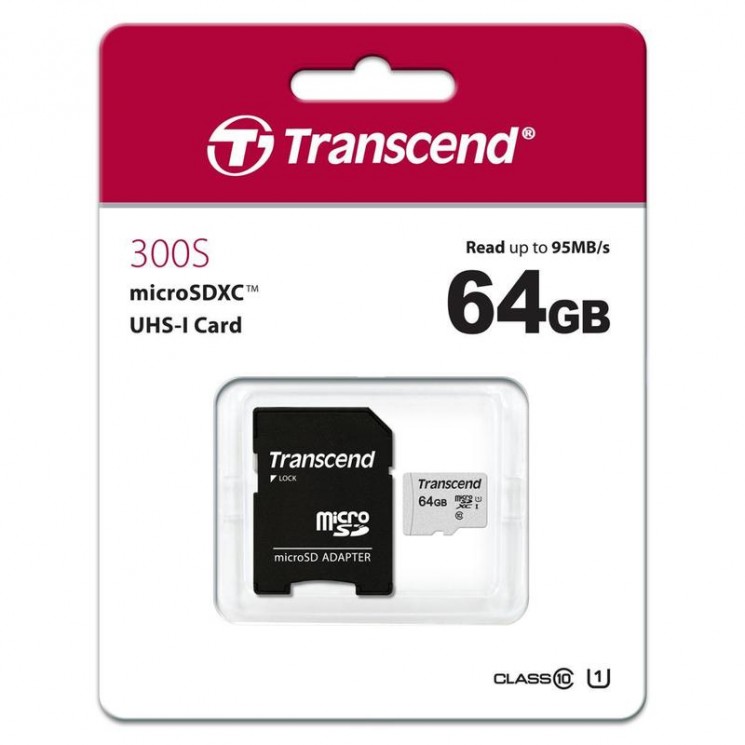 Купить Карта памяти MicroSDXC 64Gb Transcend, Class 10 UHS-I U-1, скорость чтения 95Мб/сек (с адаптером SD) в магазине Мастер Связи