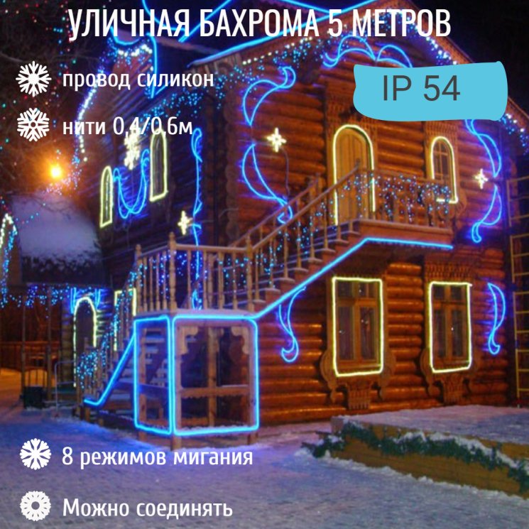 Гирлянда для улицы БАХРОМА ш5м в40/60см 180 ламп LED, прозр. пров, режим мерцание, Синий (возможность соединения)(арт.183-135)
