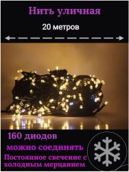 Гирлянда уличная 20м. 160 LED, темный провод, тёплый белый с мерцанием (можно соединять) (арт.WM20-zol)