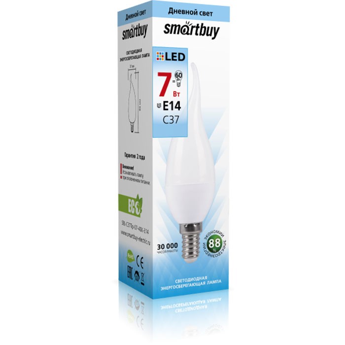 Светодиодная (LED) Лампа Smartbuy C37-07W/4000/E14/(свеча на ветру, матовая белый свет) арт. SBL-C37Tip-07-40K-E14