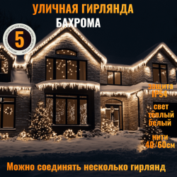  Гирлянда уличная "Бахрома" 5м*0,4/0,6м,LED-180, нить прозрачная,ТЕПЛЫЙ БЕЛЫЙ,мерцает(можно соединять) (арт.183-273)