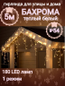  Гирлянда уличная "Бахрома" 5м*0,4/0,6м,LED-180, нить прозрачная,ТЕПЛЫЙ БЕЛЫЙ,мерцает(можно соединять) (арт.183-273)