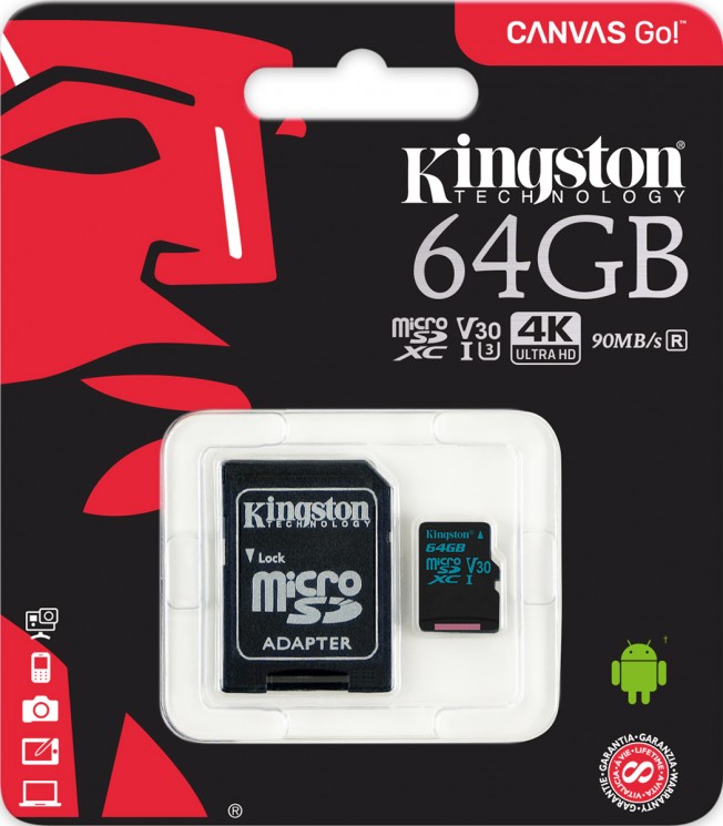 Карта памяти microSDXC 64Gb Kingston, Canvas Go!, Class10, UHS-I U3 90Mb/s, с адаптером