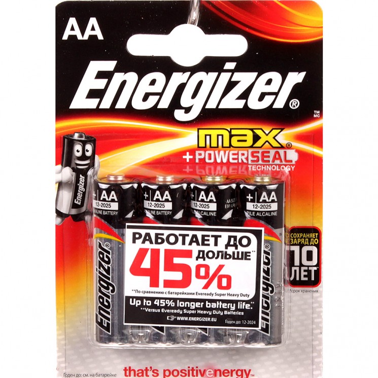 Батарейка Energizer "Max", тип АА/LR6, 1.5 V, 4 шт 