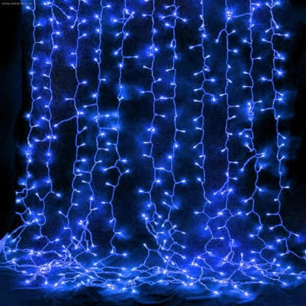 Занавес светодиодный уличный 1,5*2,5м 360 ламп LED, прозрач.пров, Цвет свечения Синий,4 режима,(можно соединять). 196-501