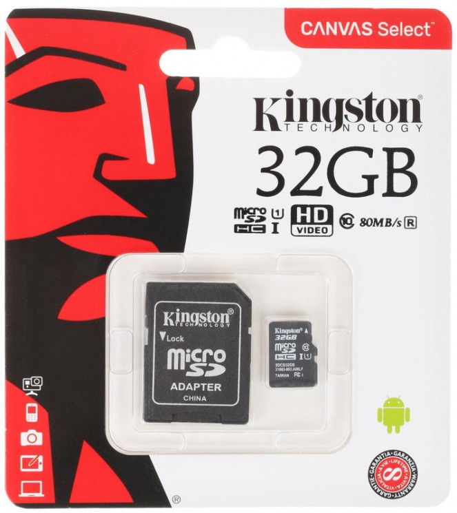 Карта памяти MicroSDHC 32Gb Kingston UHS-1 до 80Mb/s с адаптером