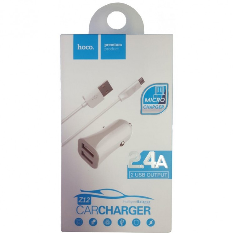 Купить Автомобильное зарядное устройство HOCO Z12 + кабель Micro USB   2xUSB 2.4A. Цвет: Белый в магазине Мастер Связи