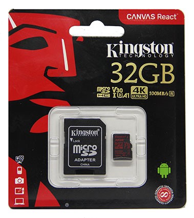 Карта памяти MicroSDHC 32Gb Kingston UHS-3 до 100Mb/s с адаптером